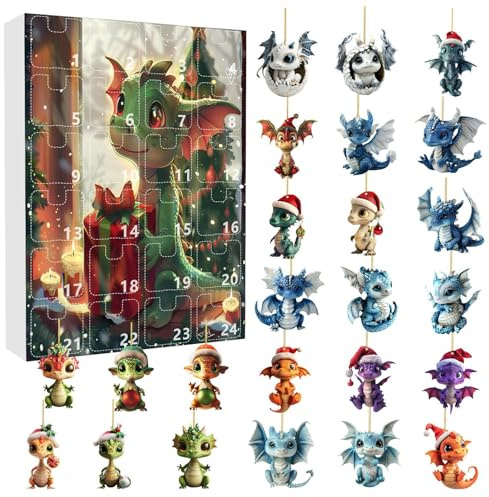 Drache Adventskalender 2025, 24 Tage Weihnachts Countdown Kalender Mit Niedlicher 2D-Acryl Drache Anhänger, Weihnachten Adventskalender Für Weihnachtsbaum Für Erwachsene Und Kinder