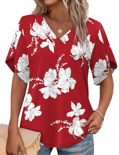 WIHOLL Ladies Tops Short Petal Sleeve Shirts Fashion V Neck Outfits Clothes Womens Blouses Casual Loose Fit Size 18-20 Red White Lilies