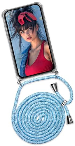 ONEFLOW Handykette für iPhone 17 Hülle mit Band, Handyhülle mit Kette abnehmbar, Handyband zum Umhängen, Handy Umhängeband Lange Handykordel, Twist Case – Hellblau Jeans