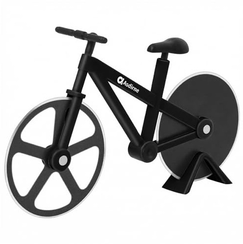 Asdirne Fahrrad Pizzaschneider - Lustiger Pizzaschneider mit Rad und Ständer, lebensmittelechtes Edelstahl, neuartiges Küchengeschenk für Pizzaliebhaber, 19 cm, Schwarz