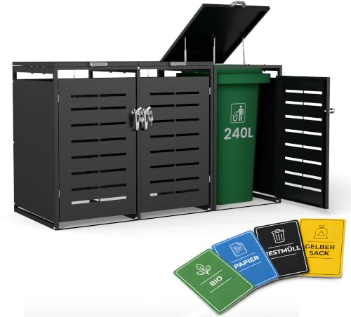 Mülltonnenbox 3er 240L für 3 Tonnen, verzinkter Stahl, Outdoor Anthrazit | Für 3 x 240L Tonnen, verzinkter Stahl, Gasdruckfedern, Deckel-Seilzug, Lüftungsschlitze und Mülltrennungs-Aufkleber.