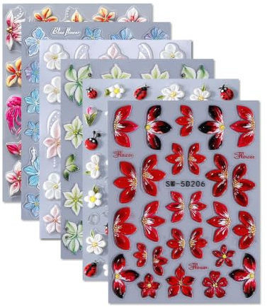 Tastetreasure 6 Sheets 5D Tropical Flower Nail Stickers, Summer Hibiscus Decals