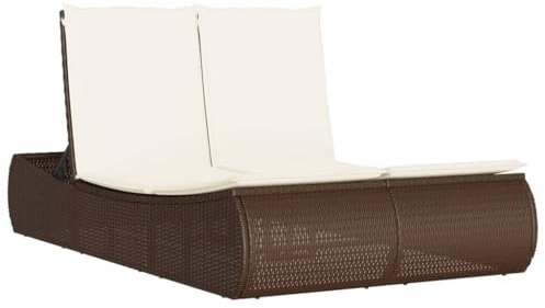 Heofavd Doppel-Sonnenliege mit Auflagen Braun Poly Rattan Gartenliege für 2 Personen Sonnenbank verstellbare Doppelliege Liege für Garten Terrasse Balkon 110x200 cm
