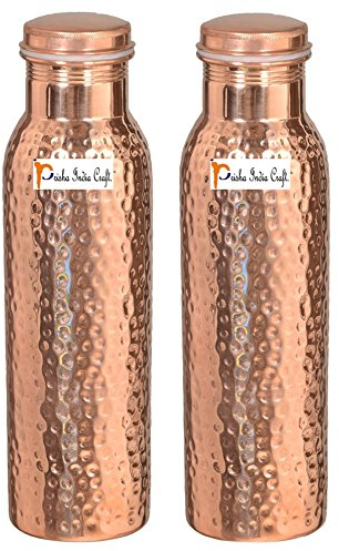 Set von 2 – Reines Kupfer Yoga Wasserflasche oder Thermoskanne mit 99.5% purity- handgefertigt, Yoga & Travel von Prisha Indien Craft, Copper Hammered Bottle 900 ML