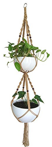Macrame Plant Hanger & Holder, Hanging Planter 4 Legs Double Deck For 8 inch to 10 inch Two Pots Indoor Outdoor Hanging Planter Hemp Rope 67 Inch with Metal ring