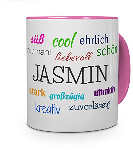 printplanet Tasse mit Namen Jasmin - Positive Eigenschaften von Jasmin - Namenstasse, Kaffeebecher, Mug, Becher, Kaffeetasse - Farbe Rosa