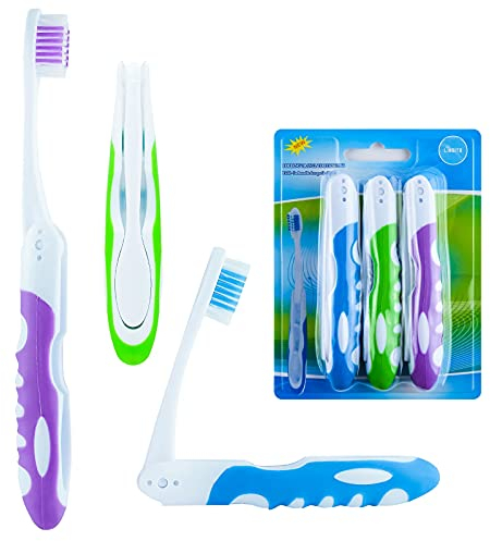 Lingito Reise-Zahnbürste, zusammenklappbar, mittlere Borstenbürsten (3 Stück, mittelgroß, mehrfarbig)