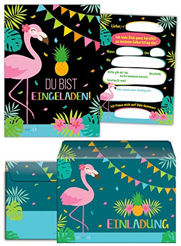 Junaversum 12 Einladungskarten incl. 12 Umschläge zum Kindergeburtstag Kinder Mädchen Flamingo