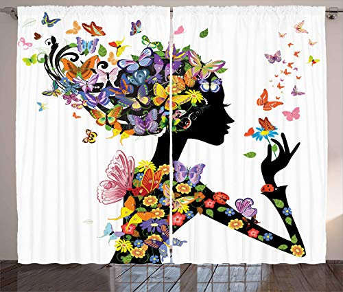 ABAKUHAUS Bunt Rustikaler Vorhang, Blumen mit Schmetterling, Wohnzimmer Universalband Gardinen mit Schlaufen und Haken, 280 x 225 cm, Mehrfarbig Schwarz Weiß