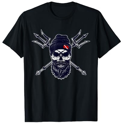 Hipster Taucher TotenKopf mit Bart Mütze und Dreizäcke T-Shirt