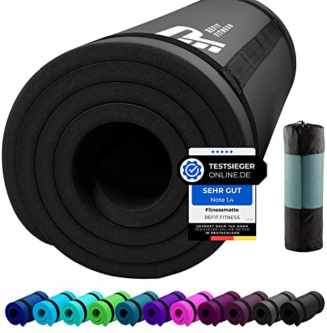 REFIT FITNESS Sportmatte Comfort-Max 190 x 60 x 1.5 cm Schwarz PainProtect SmartCell NBR Yogamatte Rutschfest Tragegurt Gymnastikmatte Matte für Sport Yoga Gymnastik Pilates