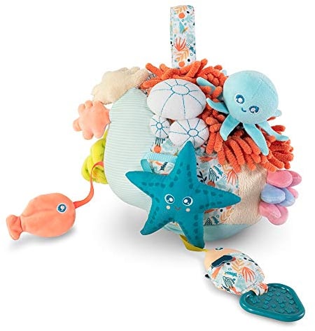 Miniland Sensorial Reef. Centro de Actividades para Bebe, Estimulación Sensorial Marina con Texturas, Mordedor, Sonajero Extraíble y Sonidos para Desarrollo Infantil