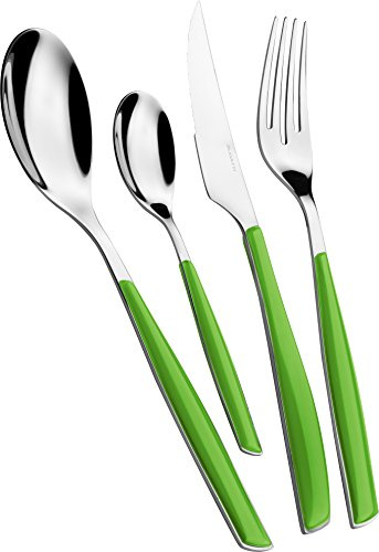 BUGATTI, Glamour, 4-teiliges Besteck-Set aus Edelstahl 18/10 und Foliage Green-Farbgriff. Besteckset für 1 Person bestehend aus 1 Löffel, 1 Gabel, 1 Messer und 1 Kaffeelöffel