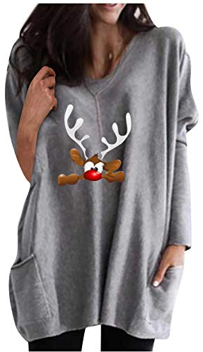 Xniral Weihnachten Pullover Damen Weihnachtsmann Bedruckter Lang Oberteile Sweatshirt mit Zwei Taschen f黵 Winter Herbst(e-Grau,5XL)