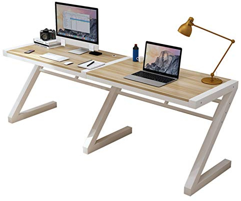 Desk RENRUIRUI- 2-Person Computer 79 Inch Double Home Office Game Table Wood Grain Desktop Z-shaped White Steel Pipe Frame Easy to Assemble