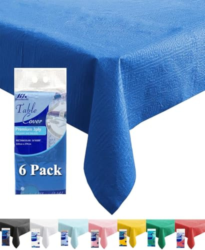 [6 Pack] Blue Paper Tablecloth Disposable for Rectangle Tables, 54X108 Inch Party Paper Table Cover with Plastic Backing, Waterproof 3 Ply Paper&Plastic Table Cloth for Indoor Outdoor Banquet Event