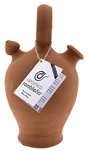 CERÁMICA RAMBLEÑA | Botijo de Barro Rojo Tradicional asa Redonda Base Vuelta de La Rambla (Córdoba) | 100% Hecho a Mano | 2.75 litros | Eco | Plato NO Incluido