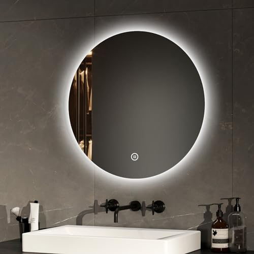 EMKE Badspiegel mit Beleuchtung rund 50cm Durchmesser Badezimmerspiegel mit Dimmbar Kaltweiß Licht, Speicherfunktion, Touchschalter, IP44 energiesparend hinterleuchtet badspiegel