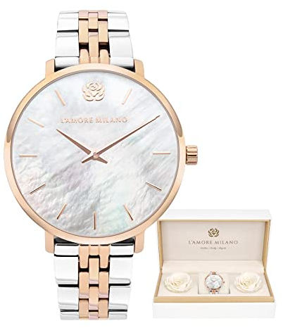 L'AMORE MILANO Damenuhr Rosenbox - Hochwertige Armbanduhr Edelstahl mit luxuriösem Design, wasserdicht 5 ATM - Edles Geschenk für Frauen, Freundin, Mutter - 36mm Damen Uhr Bicolor Rosegold Silber