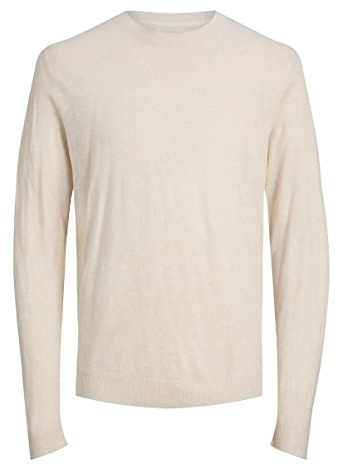 JACK & JONES Men's JPRIGOR Linen Knit Crew Neck Strickpullover, Oatmeal/Detail:Melange, M