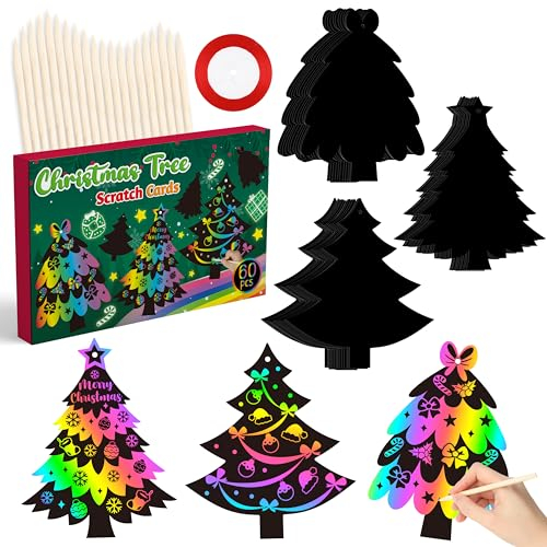 WATINC 60 Stück Weihnachtsbaum Kratzpapier Kunst Ornamente DIY Regenbogen Xmas Party Scratch Off Karte Hängende Handwerk Magische Zeichnung Malvorlagen Set mit Stick für Kinder Geschenke Home
