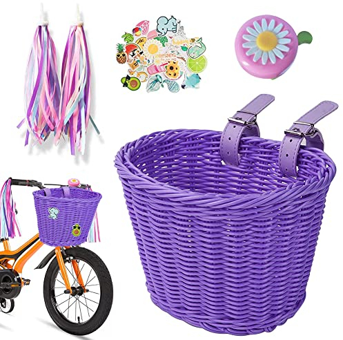 Fahrradkorb Vorne Kinder Abnehmbar, EUBSWA Fahrrad Korb Weidenkorb Vorne mit Glocken und Luftschlangen, Mädchen Fahrrad Korb Zubehör (Lila)