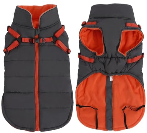 babepet Waterproof Dog Coat with Harness,Dog Winter Jacket with Fleece Lining,Reflective Vest Pet Clothes with Adjustable Chest Strap-Gray-S