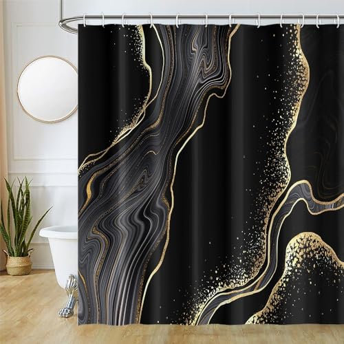 Rideau Douche Noir, Uiiooazy Rideau de Douche Effet Marbre Gris Moderne Rideaux de Baignoire Anti Moisissure Imperméable Tissu Polyester Lavable Opaque Rideaux Salle de Bain avec 12 Crochets 180x240cm