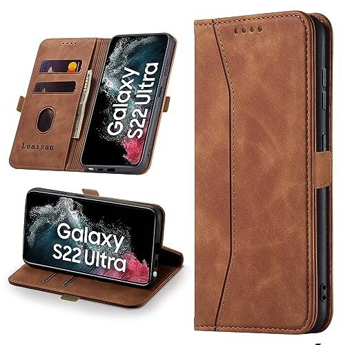 Leaisan Handyhülle für Samsung Galaxy S22 Ultra 5G Hülle (Not S22) Premium Leder Flip Klappbare Stoßfeste Magnetische [Standfunktion] [Kartenfächern] Schutzhülle Tasche - Braun