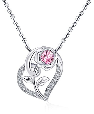 Qings Donna Collana Cuore Tormalina Argento 925 Rosa Fiore Ottobre Collana Ciondolo Pietra Portafortuna con Zirconi Romantico Compleanno San Valentino Regali di Natale Gioielli per Fidanzata Moglie