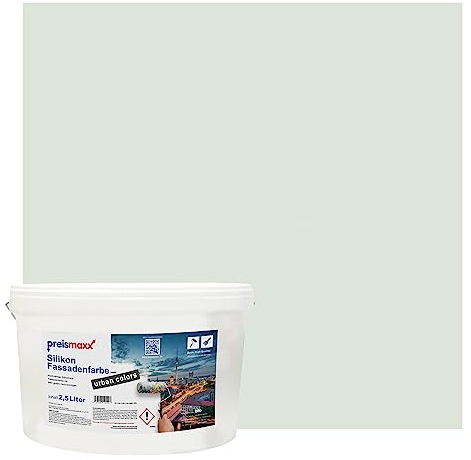 Preismaxx Silikonharz Fassadenfarbe, Grüngrau Grau 2,5L hochwertige, matte, wasserabweisende Aussen-Dispersion, sehr guter Regenschutz - Abperleffekt