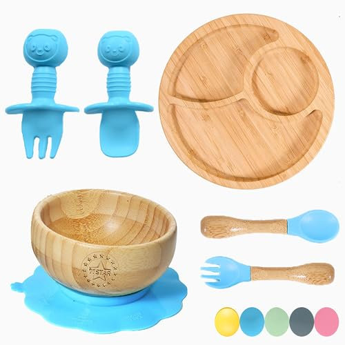 77 Star Bamboo Weaning Set - Baby Suction Bowl & Plate, Spoon & Fork, Non-Slip Bamboo Bowl with Strong Suction Base (Blue)