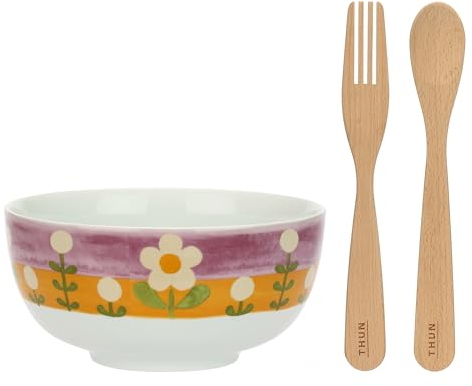 THUN, Ciotola in Porcellana Decorata a Mano con Motivi Floreali con Mestoli in Legno di Faggio, Linea Florianne, Ø 26 cm, 12 cm h
