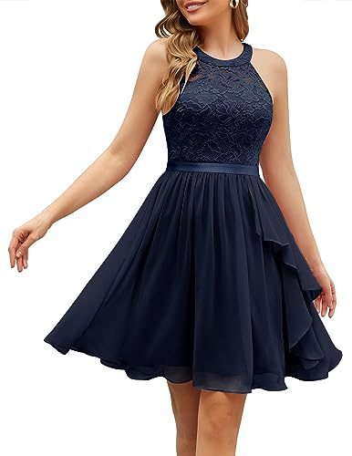 Wedtrend Abendkleider Elegant für Hochzeit Cocktailkleid Damen Sommer Kleider Damen Knielang Chiffon Kleider Damen Festliche Kleider für Damen WT0213 Navy S
