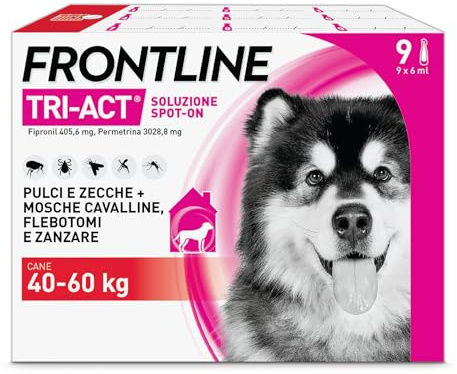 FRONTLINE Triact, 9 Pipette, Cane XL (40-60 kg), Antiparassitario per Cani e Cuccioli di Lunga Durata, Protegge il Cane da Pulci, Zecche, Zanzare, Pappataci e Leishmaniosi, Antipulci 9 Pipette