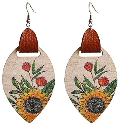 Ohrringe Silber 925 HäNgend Ethno-Stil böhmische Ohrringe Sonnenblumen-Blumen-Rindsleder-Holz-Ohrringe