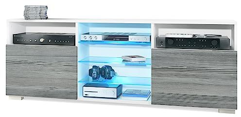 Vladon Meuble TV Granada, Lowboard avec 2 Portes et 6 Compartiments Ouverts, Corps Blanc Mat, façades en avola-Anthracite avec éclairage LED RVB (146 x 54 x 35 cm)