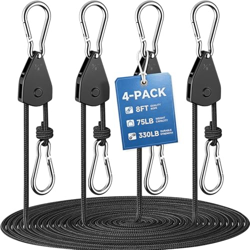 Fondwell 1/8 Ratchet Tie Down Ropes: 4-Pack 8 ft Adjustable Grow Light Hangers with Quick Lock/Release Pulley System - 75 lbs Load Small Ratchet Straps Mini for Various Hanging and Strapping