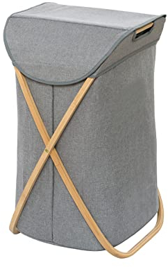 WENKO Wäschesammler Nori, Gestell aus Bambus, Wäschesack 100% Polyester, zusammenfaltbar, Fassungsvermögen: 79 Liter, 40 x 68 x 46 cm, Braun/Grau