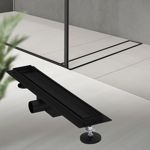 LuxeBath Canaletta per Doccia 50 cm 2 in 1 Drenaggio Piastrellabile in Acciaio Inossidabile Nero Canalina Scarico a Pavimento per Bagno Set Completo di Fissaggio Sifone a Canale con Filtro per Capelli