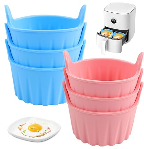 BigKing Ramekins para freidora de aire, 6 moldes de huevo para freidora de aire, moldes de silicona para freidora de aire, moldes reutilizables para freidora de aire (azul + rosa)