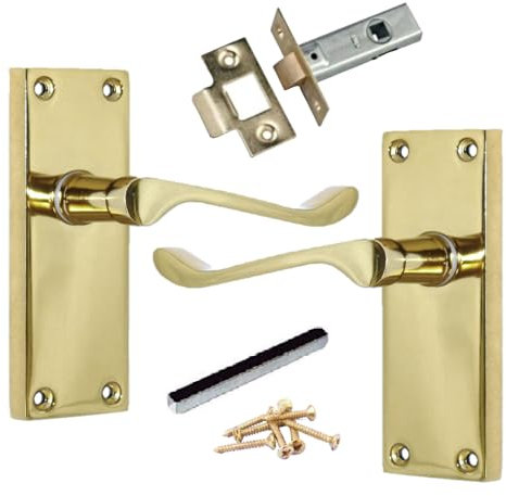 DISCOUNT HARDWARE UK Victorian Scroll Brass Door Handle Sets with Lock and Key, Bedroom and External Door Lock and Handle Set (Latch Handle 118mm)