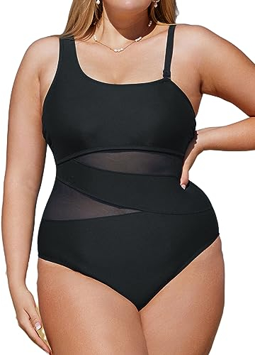 CUPSHE Damen Große Größen Badeanzug One Shoulder Sheer Mesh Zierausschnitte Bauchkontrolle Asymmetrische Einteilige Curvy Bademode Plus Size Swimsuit Schwarz 2X=XXL