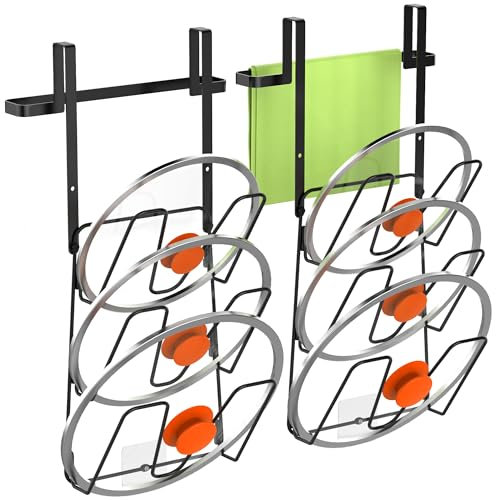YIGII Vertikaler Topfdeckelhalter, 2 Stück Topfdeckelhalter Wand Schranktür Wandhalterung, 6 Deckel, 2 in 1 Küchen Organizer für Topf- Pfannendeckel und Handtuch
