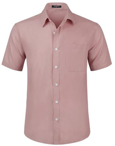 HISDERN Camicia Rosa da Uomo a Maniche Corte Camicia Elegante da Uomo vestibilità Regolare Camicia Estiva Solida con Tasca sul Petto,M