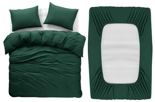 BedLooms 4 Piece Double Bedding Set Emerald Duvet Cover Sets Fitted Sheet with Pilow cases Double Duvet Set Soft and Fade Resistant Brushed Microfiber Bedding Quilt Cover Set