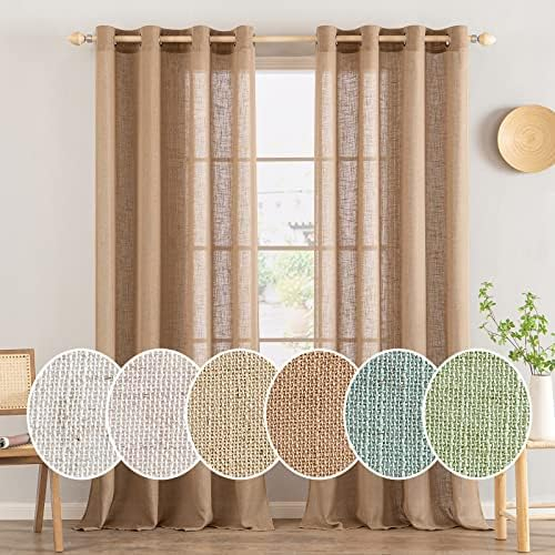 MIULEE Gardinen Vorhänge mit ösen Voile Vorhang kurz Modern Leinenoptik Halbtransparent Ösenvorhang für Wohnzimmer Kinderzimmer Raumteiler 2er Set Braun 300x140 cm