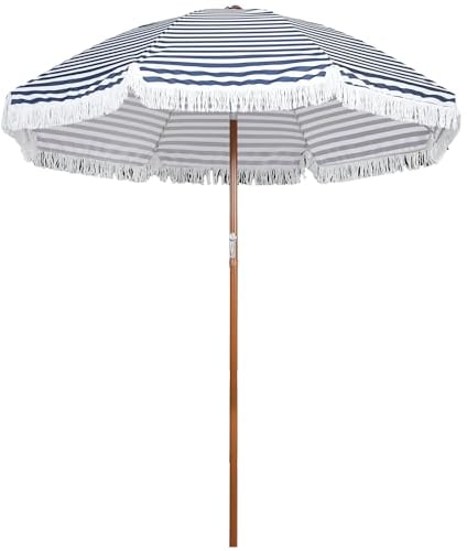 Outsunny - Sombrilla reclinable para jardín, redonda, diámetro de 213 cm, con flecos de poliéster de alta densidad UV, mástil desmontable 8 ballenas – estilo vintage, azul y blanco, 213x213x234cm