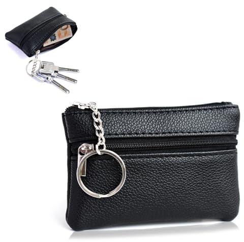 TuseRxln Schwarz 2 Fächer Leder Schlüsseletui, Schlüsseltasche Klein für Damen und Herren(1 Stück,11.5x7.5x1cm)