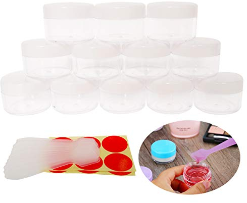 Wopanxye 12pcs 15 Gram 15ml Jars, Small Cosmetic Sample Empty Container, Plastic Round Pot White Screw Cap Lid, Tiny 15g Bottle for Makeup, Eye Shadow, Nails, Powder, Jewelry, Beads, Free Spatulas